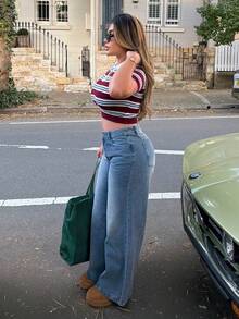 Maria Perezxox Celana Jeans Wanita Kasual Serbaguna dengan Kantong dan Potongan Lebar - Biru - View 4