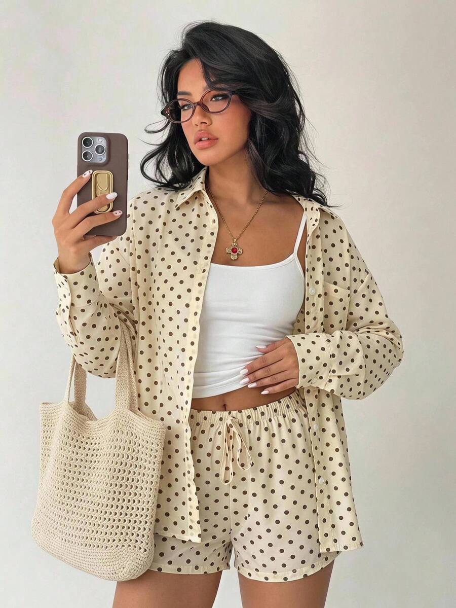 SHEIN EZwear 女士黄色波点长袖衬衫和短裤两件套 - 黃色 - 查看 1