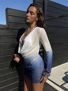 Aloruh Women's Summer New White-Blue Gradient Elegant Sexy Fresh Beach Vacation Party Romantic Date Minimalist Charming Hot Girl Deep Draped Neck Ruched Waist Bodycon Sheer Cover-Up - Blue and White - View 7