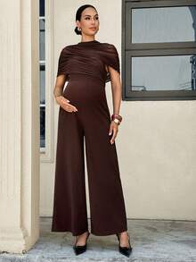 MaterniWear Maternity Solid Color Stand Collar Pleated Wide Leg Elegant Maternity Maternity Jumpsuit Baby Shower Photoshoot Summer Photoshoot - Brown - View 3