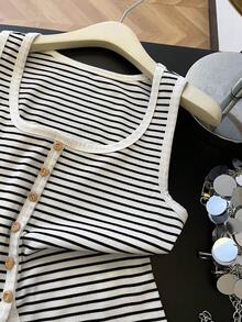 GlowEve New Fashionable Summer Casual Vacation Striped Print Cardigan With Button Decor Women Tank Top - White - View 7