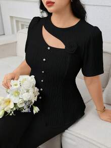 Modelyn Plus Size Women's Solid Color 3D Floral Decor Cutout Design Button Elegant Blouse Teachers' Day Office Black And White Summer - Black - View 7