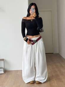 Coolane Atasan Wanita Ukuran Besar untuk Musim Gugur dan Musim Dingin, Elegan, Pakaian Sehari-hari, Kasual, Hitam, Elastis, Nyaman, dengan Patchwork Renda, Bahu Terbuka, Cocok untuk Halloween. - Hitam - View 6
