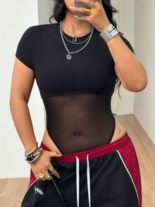 Coolane Bodysuit Feminino Plus Size Preto de Tule, Gola Redonda, Manga Curta, Sexy Casual, para Verão e Outono, Streetwear para Sair, Rave, Show, Noite e Férias - Preto - Visão 4