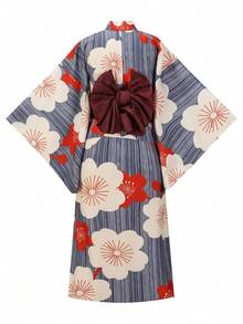 Irokai Japanese Traditional Kimono Navy Blue Cartoon Cherry Blossom Pattern Women's Modified Two Pieces Yukata Set - Multicolor - View 2