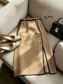 Franclia Women's Elegant Waist-Cinching Color-Block Hem Slit Long Skirt, Summer, Spring, Party, Wedding And Events, Holiday, Casual Skirt, Color-Block Hem Metal Buckle A-Line Skirt, Luxurious And Noble - Khaki - View 1