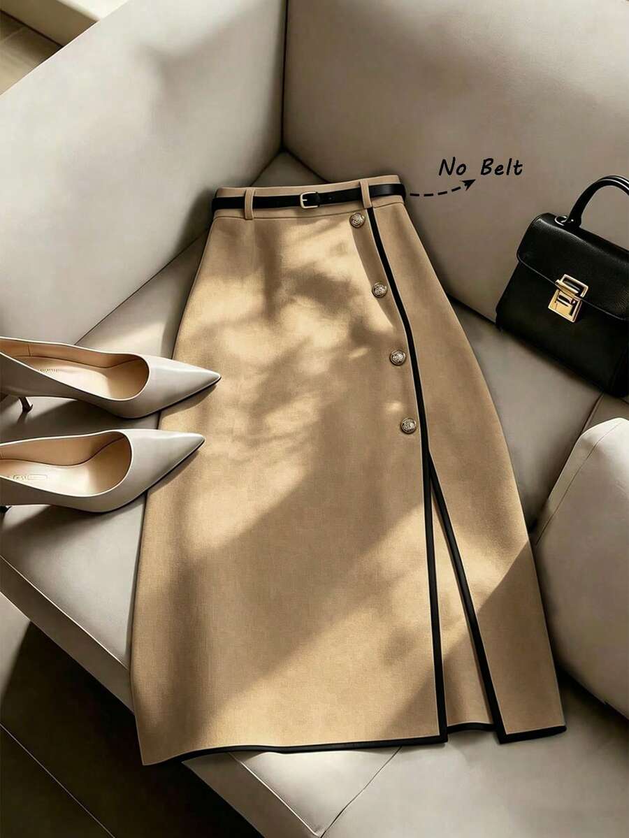 Franclia Women's Elegant Waist-Cinching Color-Block Hem Slit Long Skirt, Summer, Spring, Party, Wedding And Events, Holiday, Casual Skirt, Color-Block Hem Metal Buckle A-Line Skirt, Luxurious And Noble - Khaki - View 1
