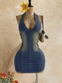 Soleia Women's Rivet Design Deep V Sexy Y2k Halter Neck Denim Mini Dress Going Out Night Out Club Blue And Yellow Fall - Multicolor - View 4