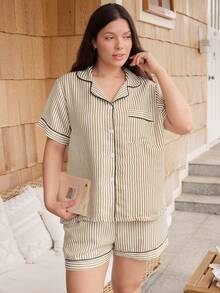 Doze Lane Striped Heart Print Lapel Button-Down Short Sleeve Shorts Women Plus Size Pajama Set - Brown - View 4