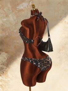 Amplova Women's Sequin Shiny Leopard Print Swimsuit Set With Ring Back Sexy Detail Beach Party Brown Zebra Print Summer - Brown - View 2