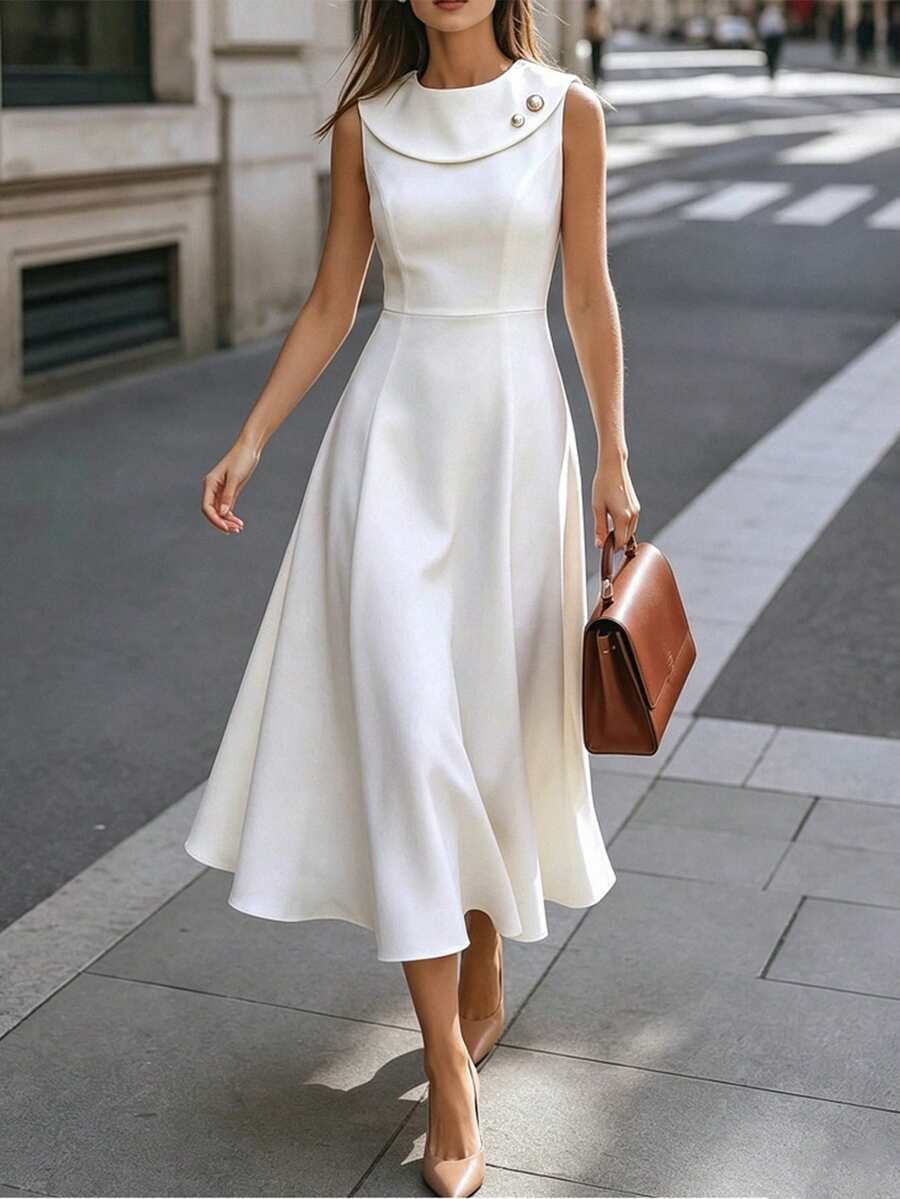 Pariaura Women's Premium White Sleeveless Dress, Versatile For Daily Commute Office Tea Party, Outings And Dates Teachers' Day Wedding Summer French Elegant