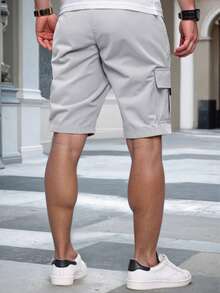 Manfinity Homme Men's Solid Color Elastic Waist Drawstring Pocket Cargo Shorts - Light Grey - View 2