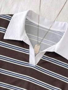 Attitoon Casual Minimalist Style College Striped Allover Print White Contrast Polo Collar Woven T-Shirt For Women, Versatile For Spring & Summer,Summer Top - Multicolor - View 3