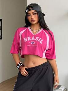Coolane Camiseta Corta de Talla Grande Casual de Verano con Estampado de Letras y Bloques de Color - Rosa - Ver 5