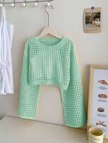 SHEIN Suéter de manga larga con cuello redondo y diseño calado de unicolor para niña preadolescente - Verde - Ver 3