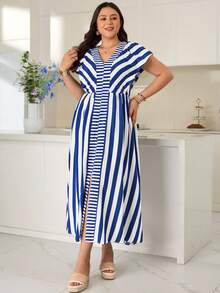 Rosumi Gaun Karaoke Kasual Musim Panas Wanita Ukuran Besar Motif Garis-garis Biru & Putih - Blue and White - View 7