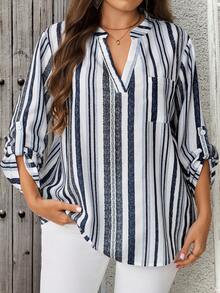 EMERY ROSE Plus Size Casual Striped Notch Collar Shirt Fall - Multicolor - View 4