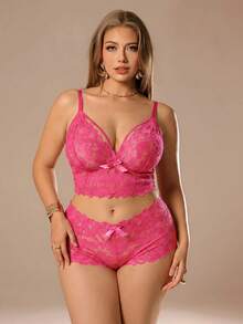 Auralis Große Größen 2 Stücke Sexy Spitzen Dessous Set für Damen - Heißes Pink - Übersicht 4