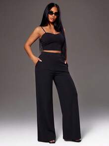 Radiana Women's Solid Color Cropped Tank Top Long Pants 2 Pieces Set Date Night Black Summer Sexy Night Out - Black - View 4