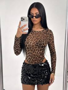 SHEIN ICON 女式网状透视豹纹露背高开衩紧身衣 - 棕色 - 查看 6