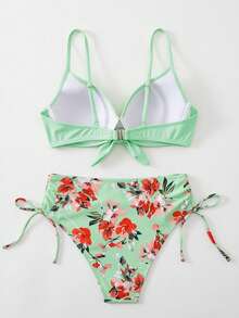 SHEIN Swim Swim Lushoire 女士成熟時尚性感泳衣兩件套，青藍孔雀綠前綁帶純色比基尼上衣搭配植物印花短褲，夏季海灘度假風 - 薄荷綠 - 查看 4