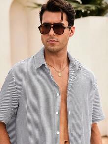 Mercer Haus Feiyo Men's Retro Style Short Sleeve Shirt, Made Of Lightweight Striped Polyester Fabric. Suitable For All Seasons, Casual And Versatile. - Black and White - View 7