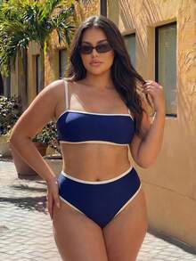 Swim Vcay 大尺碼女款兩件式拼色休閒泳衣套裝 - 藏蓝色 - 查看 4