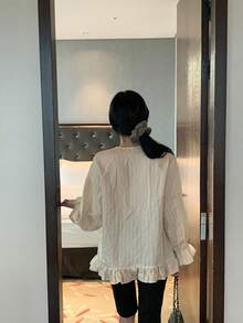 DAZY Vintage Striped Loose Round Neck Hem Lace Pocket Casual Girl Vacation Spring Summer Blouse Women Shirt - Grey - View 7