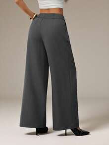 SHEIN PETITE Grey Winter Chic Office Women Elegant Straight Leg Wide Leg Pants,Business Casual Low Rise Baggy Work Clothes,Spring&Summer Fashion Streetwear Y2k ,Petite Women - Grey - View 2