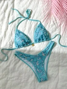 Costavie Swim Basics 2-Piece Spring/Summer Beach Vacation Textured Fabric Gold Sun Accessory Halter Triangle Bikini Top And High-Cut Bikini Bottom Women's Sexy Bikini Swimsuit Set - Mint Blue - View 7