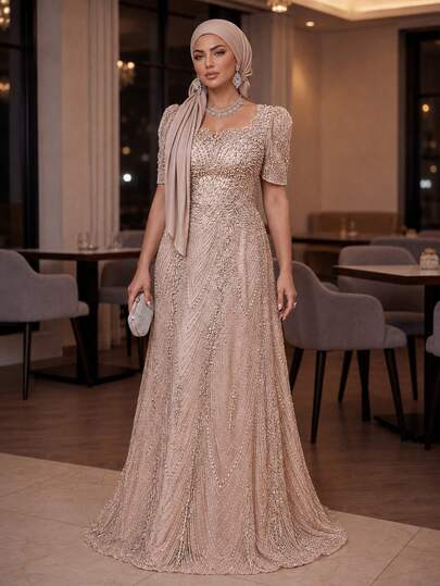 Auveirra Plus Size Elegant Champagne Gold Summer Formal Prom Wedding Dress,Square Neck Short Sleeve Rhinestone & Pearl Decor Sheer A-Line Gala Gown Party, Mother Of The Bride