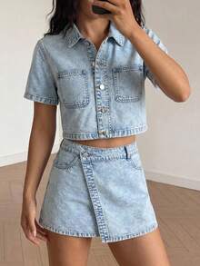 SHEIN 2Pcs Teen Girl Light Blue Denim Shorts Shirt And Slanted-Front Design Skirt For Dailywear Back-To-School Graduation Summer Streetwear - Blue - View 5