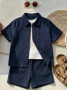 Kids Young Boy Young Boy 2pcs/Set Spring/Summer Casual Versatile Vacation Style Striped Short Sleeve Shirt & Knit Shorts Set, Young Boy Outfit Set - Multicolor - View 3