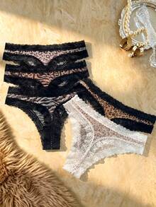 Bare Chapter Set de 5 bragas tipo tanga cómodas con parches de encaje y estampado de leopardo para mujeres - Multicolor - Ver 2