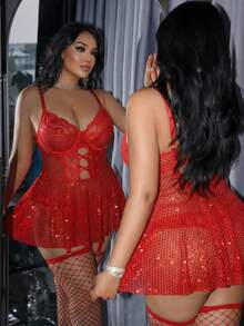 MidnightGlam Plus Size Women's Glamorous Sequin Lace Patchwork Corset Bodycon Spaghetti Strap Dress 3pcs Set - Red - View 4