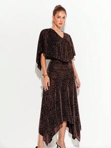 Barévion Dress Cinched A-Line Jacquard Cape V-Neck Handkerchief Hem Elegant Luxury Black Elegant Dresses For Party Formal Official Print Dress Summer - Brown - View 3