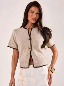 SHEIN BAE Regular Women's Gold Button Knit Cardigan - Khaki - View 1