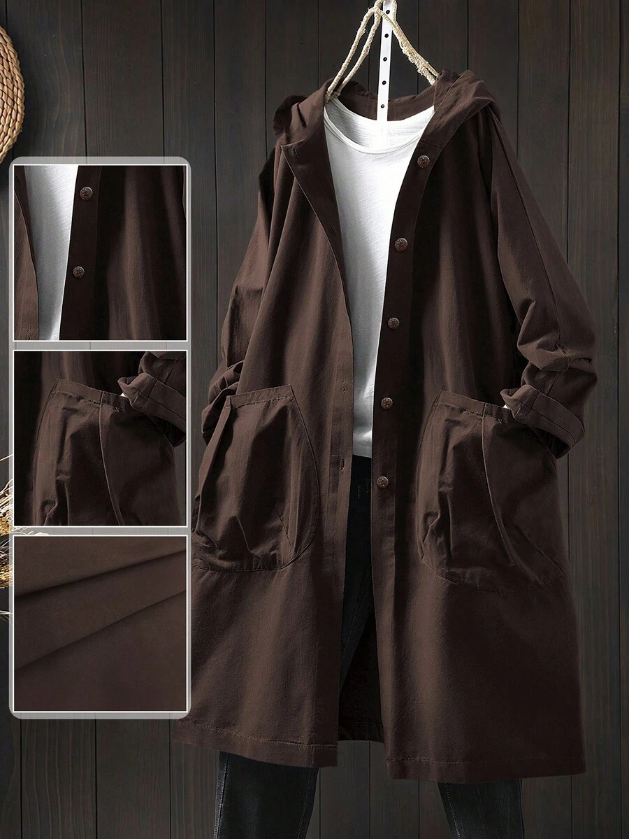 SHEIN LUNE Plus Size Casual Hooded Long Jacket With Large Pockets Fall - Rust Brown - View 1