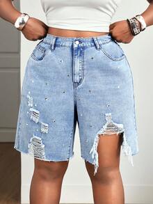 Slaydiva Plus Size Women's Rhinestone Embellished Distressed Pocket Raw Hem Denim Shorts - Blue - View 4