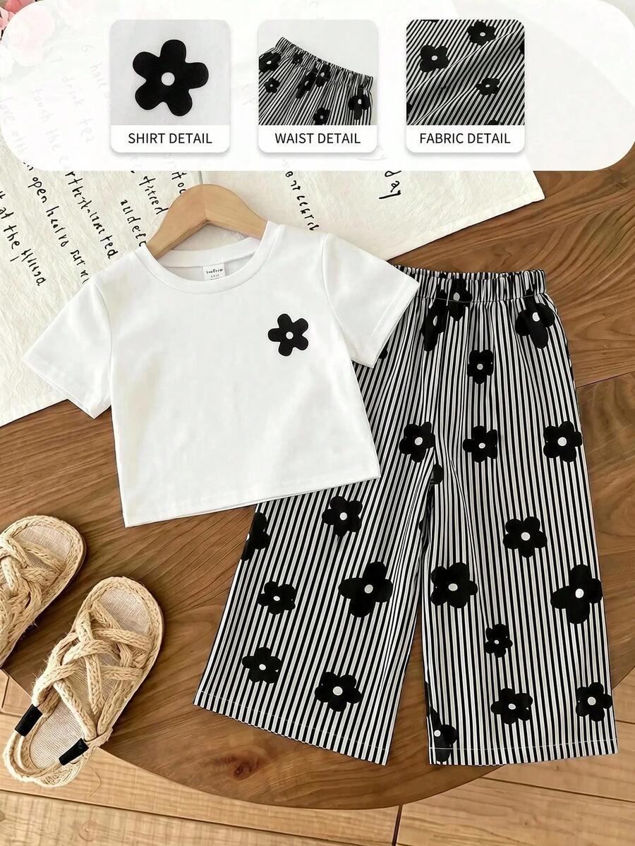 SHEIN LMoss Kids 2件組女嬰可愛花卉印花圓領T恤與彈性腰圍長褲套裝 - 彩色 - 查看 1