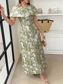 Modelyn Vestido de fiesta elegante de jacquard con cintura ceñida y largo medio para mujer - Verde Oscuro - Ver 5