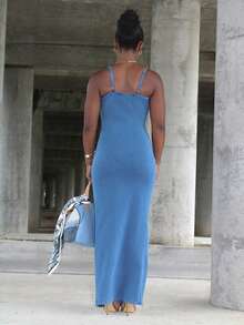 Steph T Robe en jean sexy pour femmes avec fente latérale haute et bretelles spaghetti, bleu, vêtements Y2K décontractés pour femmes - Bleu azur - Voir 2