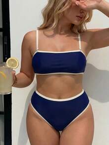 Swim Vcay 大尺碼女款兩件式拼色休閒泳衣套裝 - 藏蓝色 - 查看 5