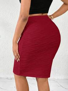 SHEIN Lady Women's Summer Elegant Solid Color Fitted Skirt Party Corporate Dark Red - Burgundy - View 2
