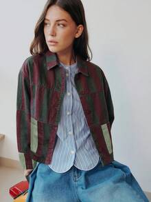 Nöista Women's Striped Cropped Jacket In Warm Pink And Rust Tones With Contrast Patch Pockets - Multicolor - View 7