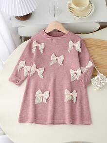 SHEIN Playful Pals 女童新款圓領寬鬆時尚甜美蝴蝶結針織洋裝，時尚時髦，適合居家、外出、聚會與開學穿著 - 粉色 - 查看 1
