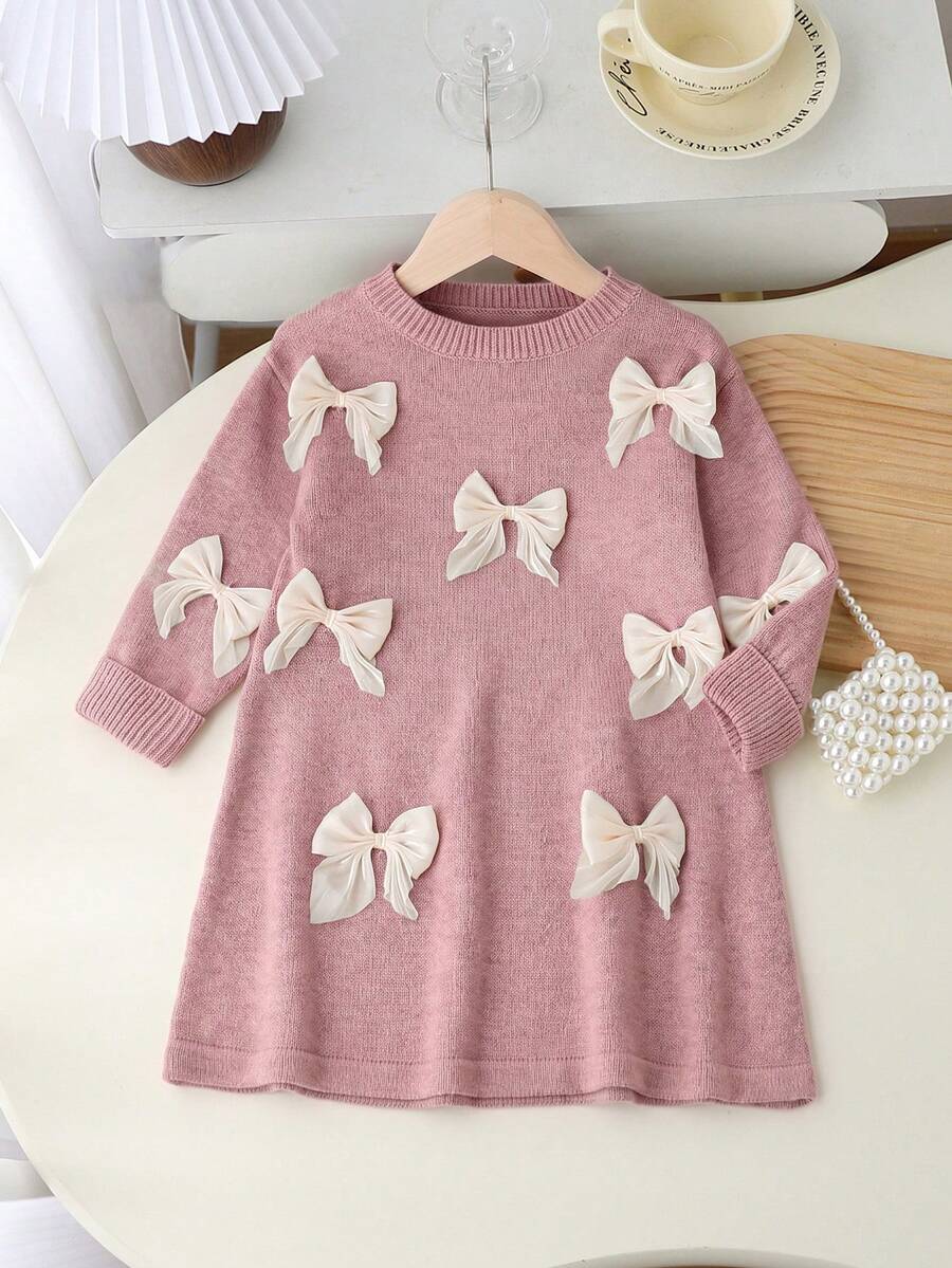 SHEIN Playful Pals 女童新款圓領寬鬆時尚甜美蝴蝶結針織洋裝,時尚時髦,適合居家、外出、聚會與開學穿著 - 粉色 - 查看 1
