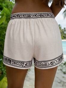 SHEIN LUNE CURVE Plus Size Women's Bohemian Style Boho Spring/Summer Woven Printed Casual Comfortable Loose Home Commute Summer Outing Vacation Beach Shorts Black - Beige - View 2