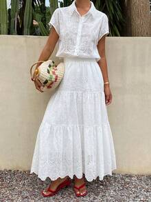 DAZY Solid Color Jacquard Fabric Short Sleeve Shirt And Umbrella Skirt Elegant Vacation Summer Women's Set School - White - View 1