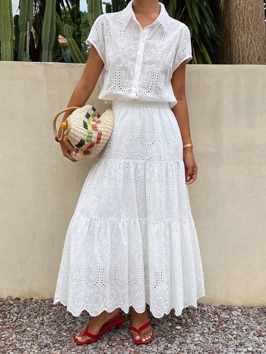 DAZY Solid Color Jacquard Fabric Short Sleeve Shirt And Umbrella Skirt Elegant Vacation Summer Women's Set School - White - View 1